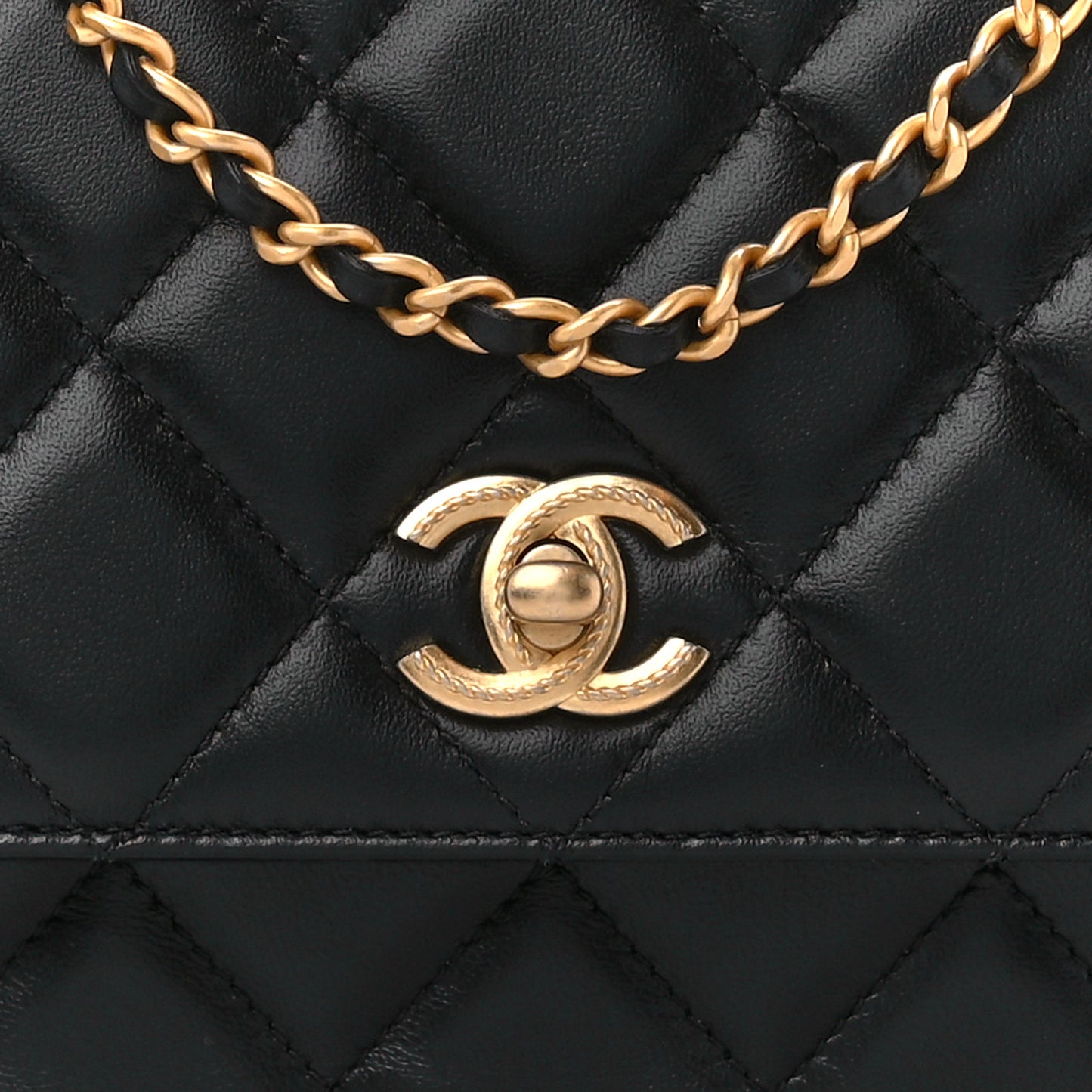 Lambskin Metal Quilted Twist Top Handle Flap With Chain Black
