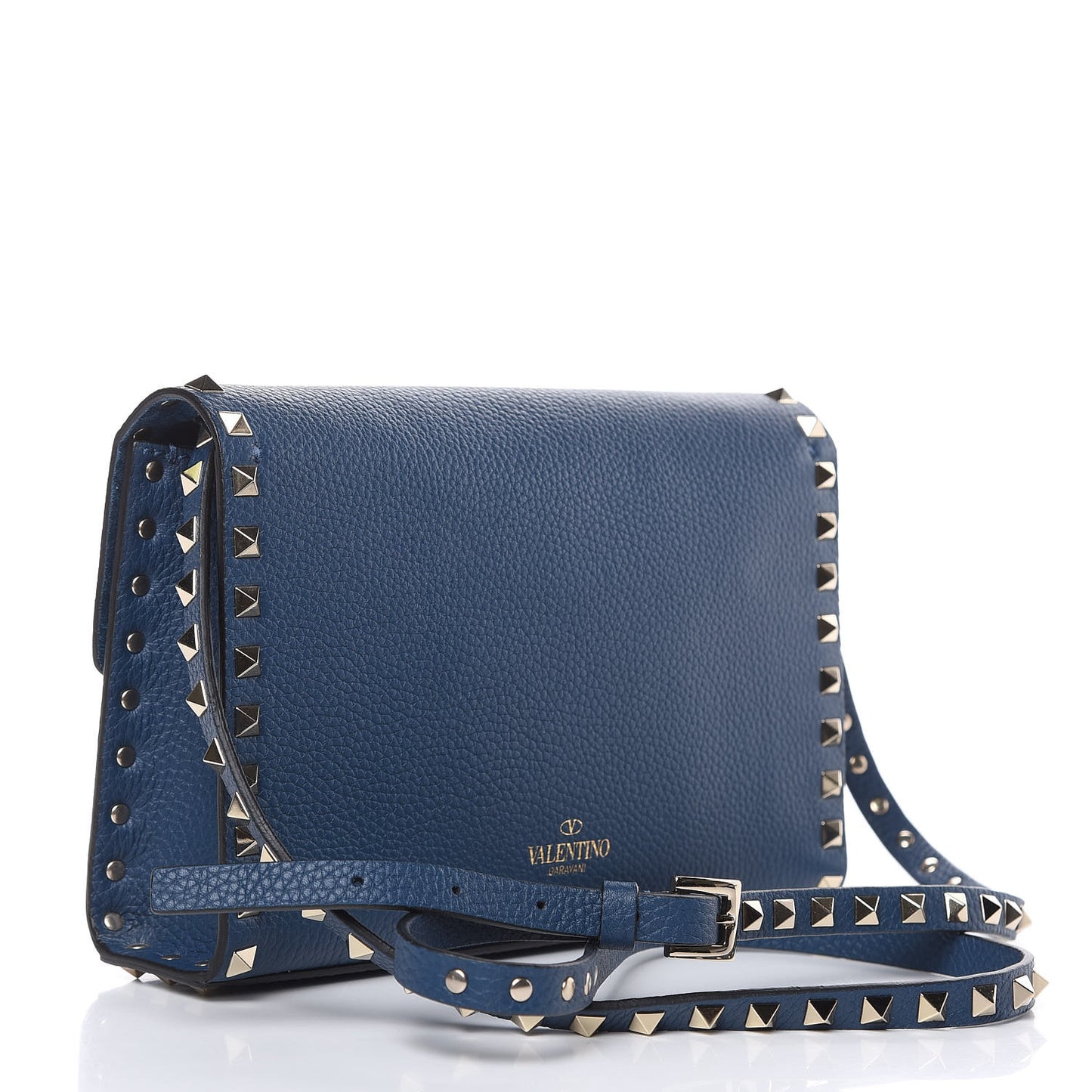 Pebbled Calfskin Medium Rockstud Flip Lock Crossbody Bag Peacock