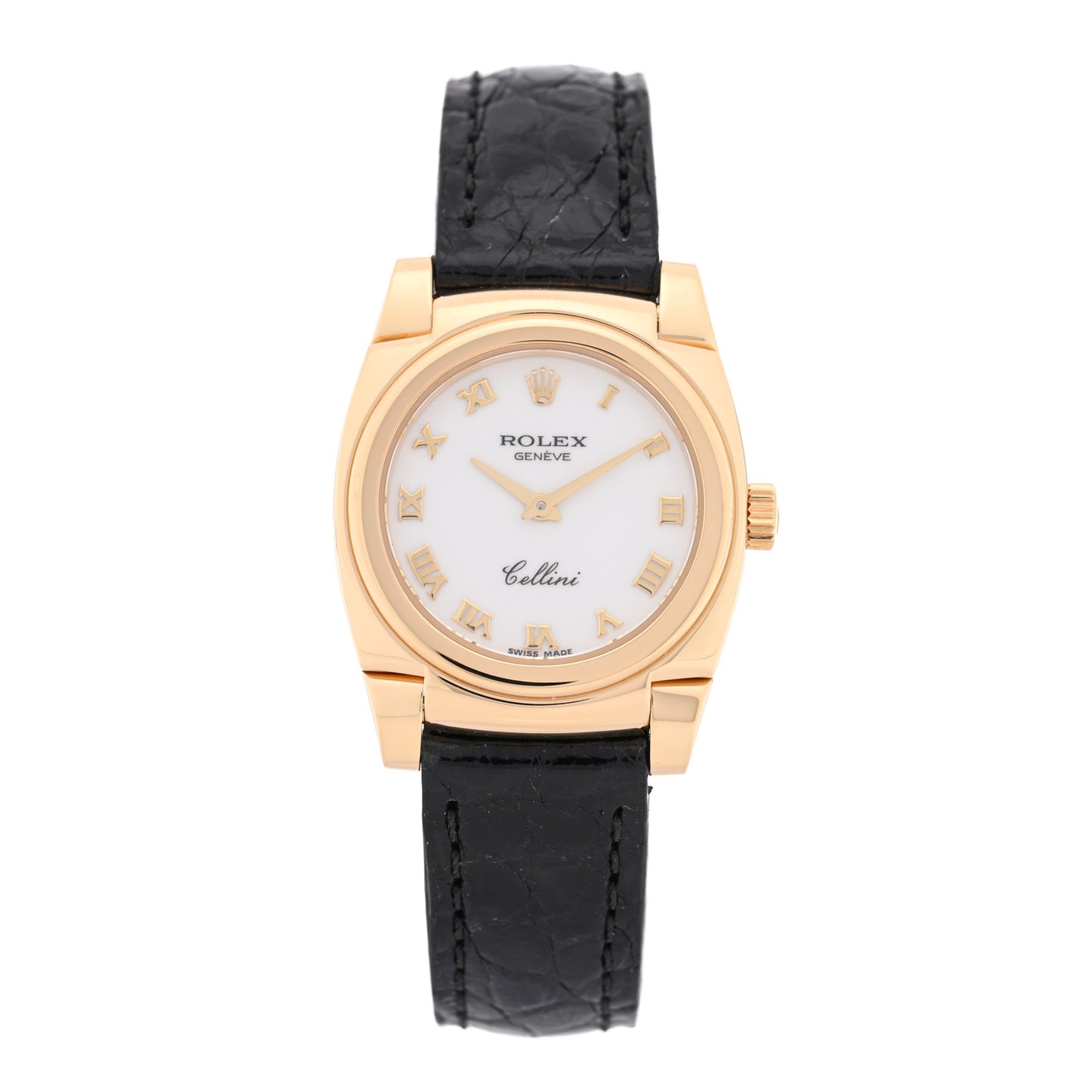 18K Yellow Gold Alligator 26mm Cellini Manual Winding Watch White 5310
