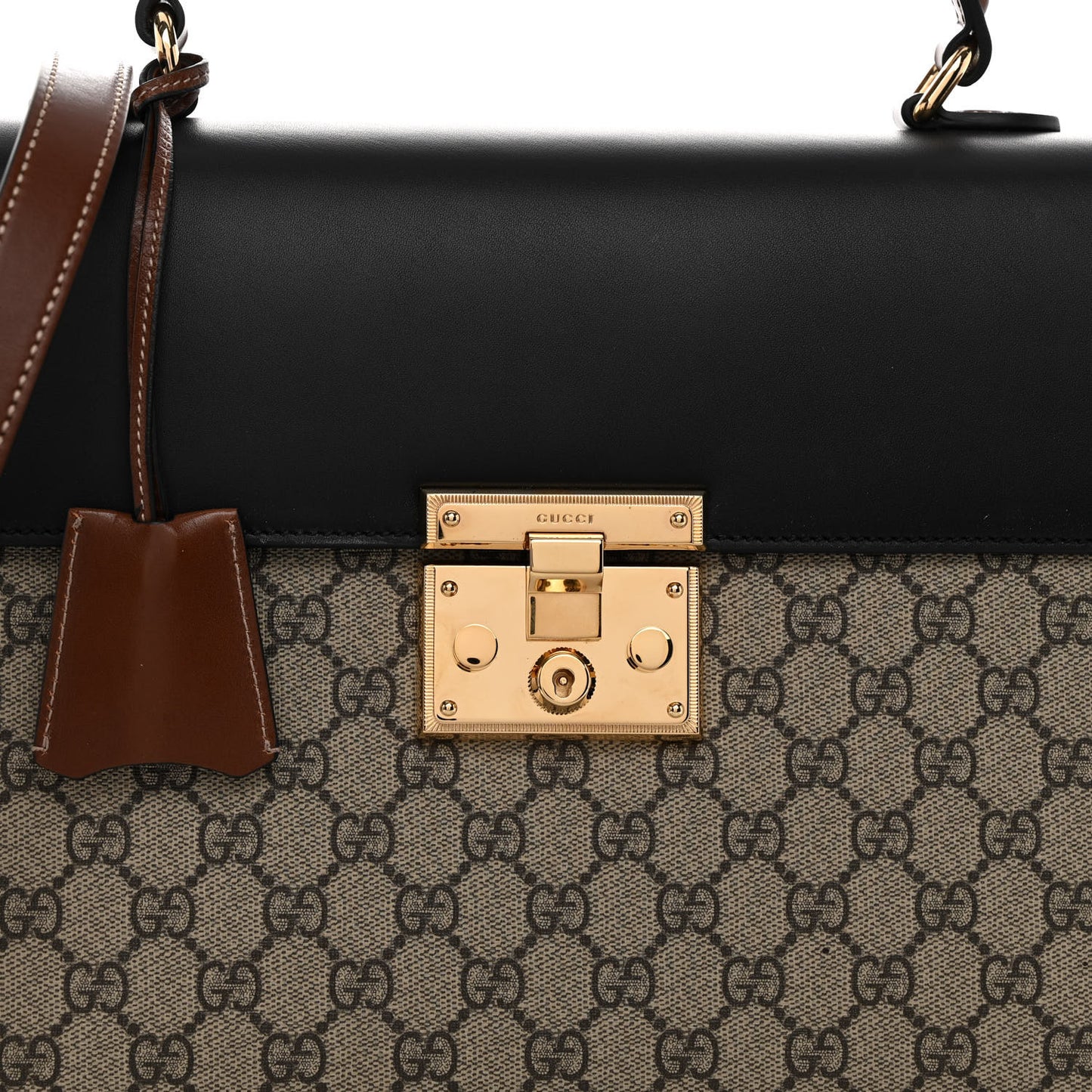 GG Supreme Monogram Calfskin Medium Padlock Top Handle Bag Beige Black Cuir