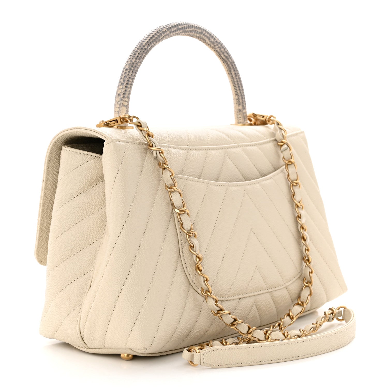 Chanel Caviar Lizard Chevron Quilted Small Coco Handle Flap Ivory 3 of 12