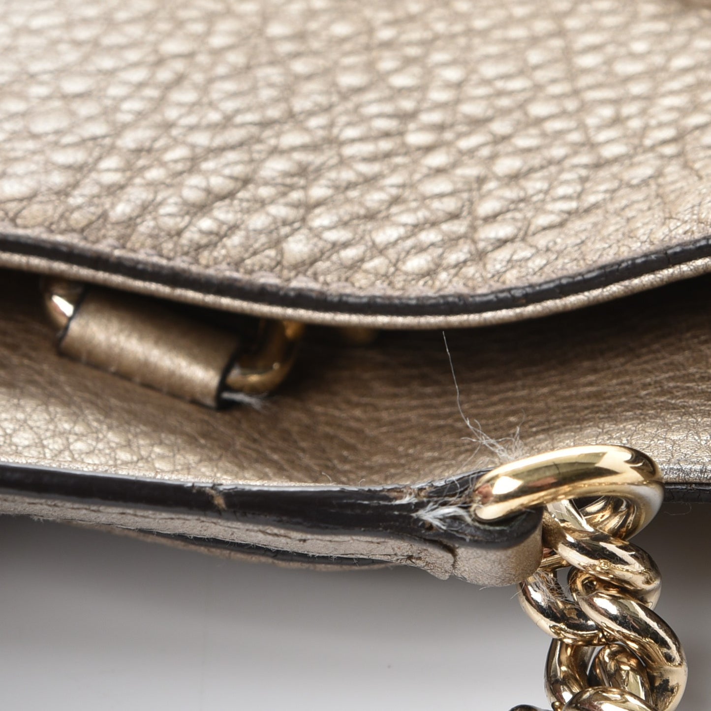Metallic Pebbled Calfskin Medium Soho Chain Shoulder Bag Golden Beige