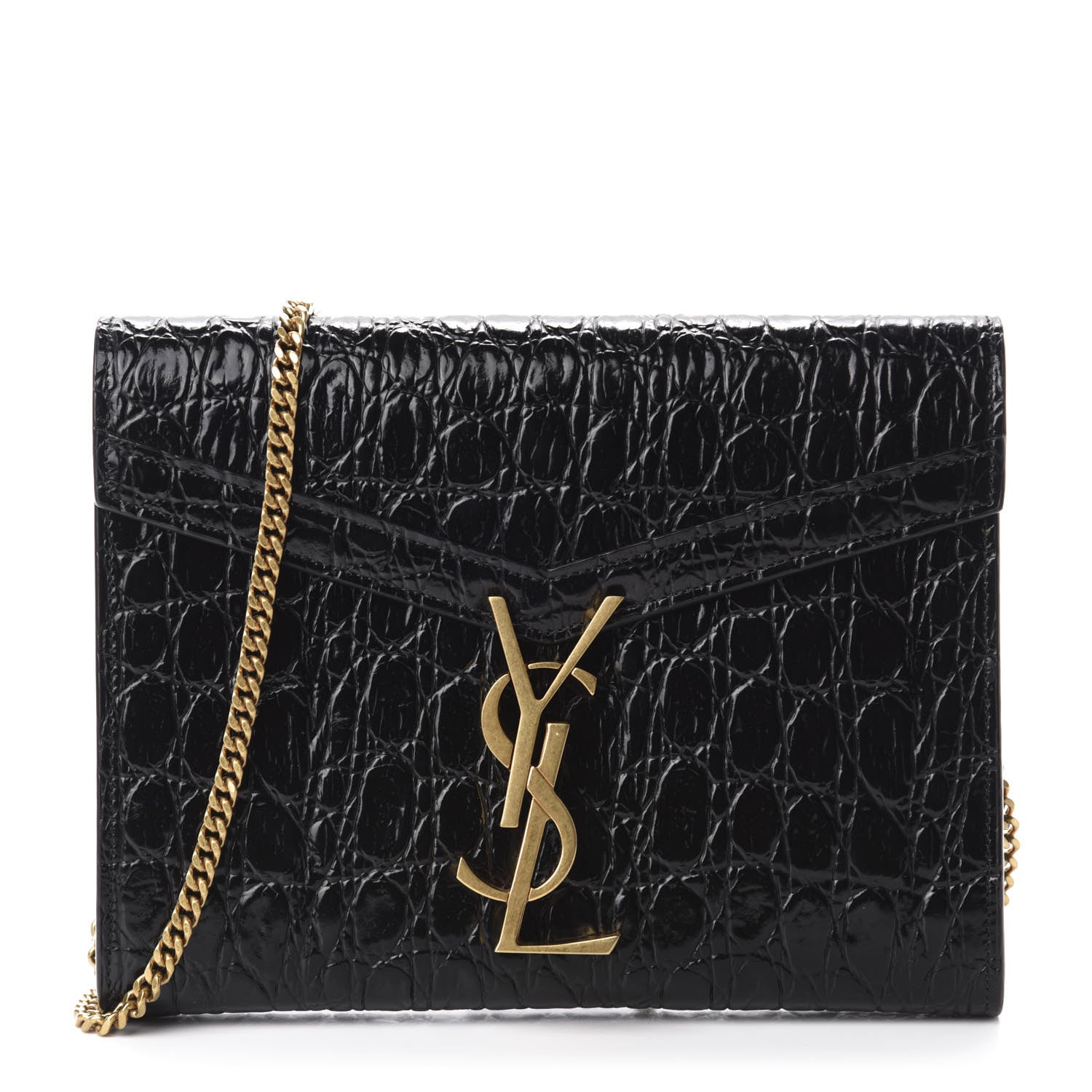 Saint Laurent Calfskin Crocodile Embossed Monogram Cassandra Chain Wallet Black 1 of 11