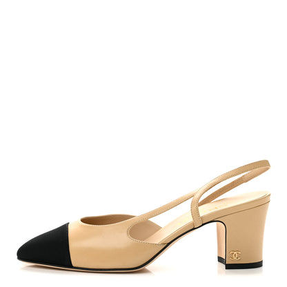 Chanel Goatskin Grosgrain Cap Toe CC Slingback Pumps 38 Beige Black 1 of 10