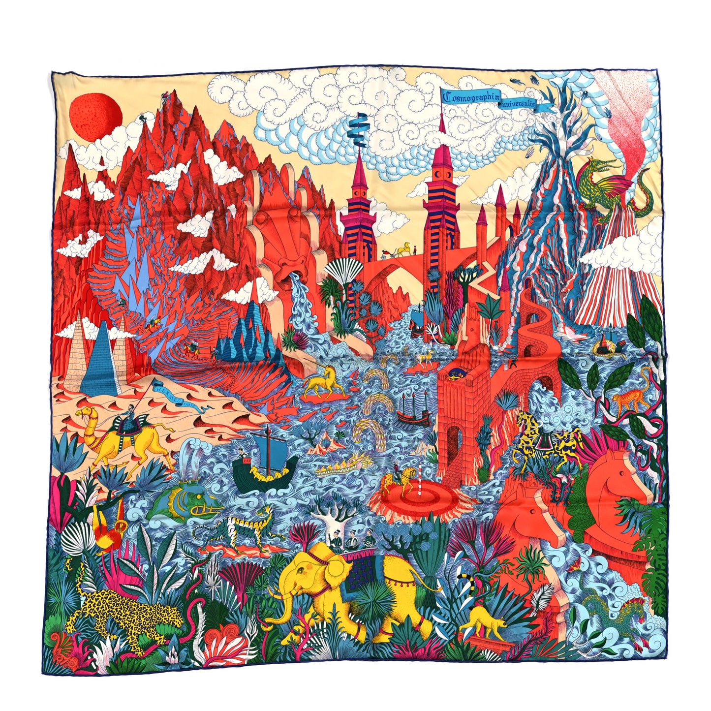 Silk Cosmographia Universalis Scarf 90 Corail Vert Jaune