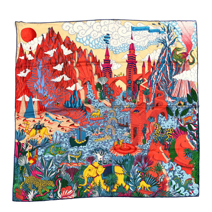 Hermes Silk Cosmographia Universalis Scarf 90 Corail Vert Jaune 1 of 5