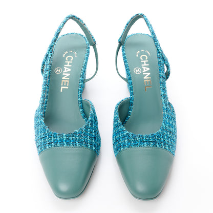 Chanel Tweed Lambskin Cap Toe CC Slingback Pumps 37 Blue Green 2 of 13