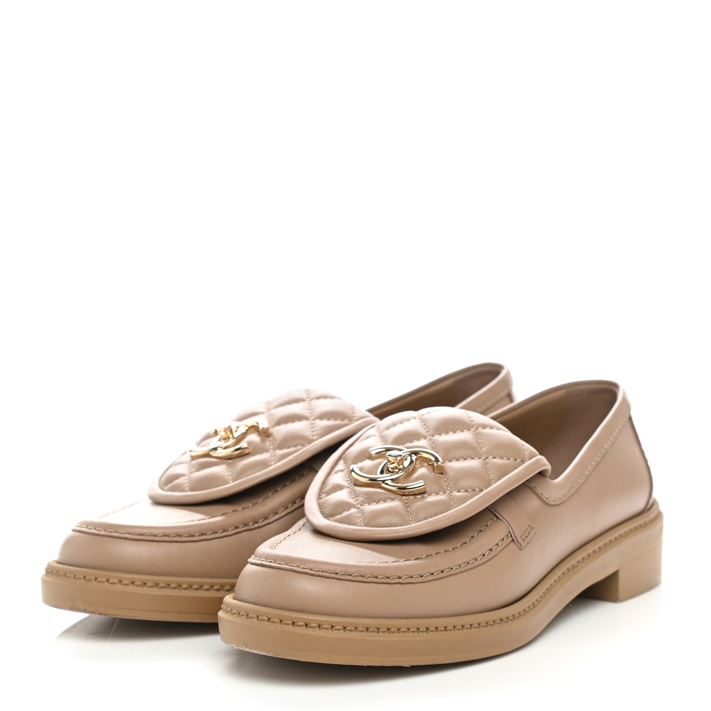 Lambskin Quilted CC Turnlock Loafers 37.5 Beige