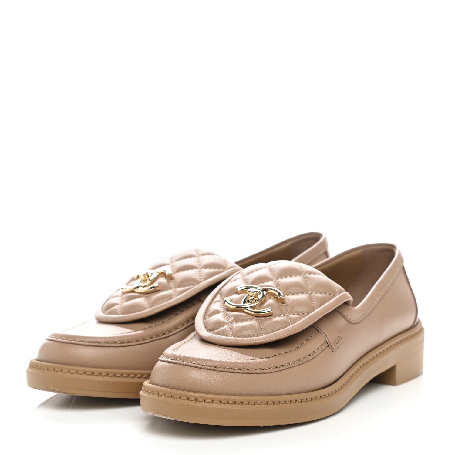 Chanel Lambskin Quilted CC Turnlock Loafers 37.5 Beige 3 of 9
