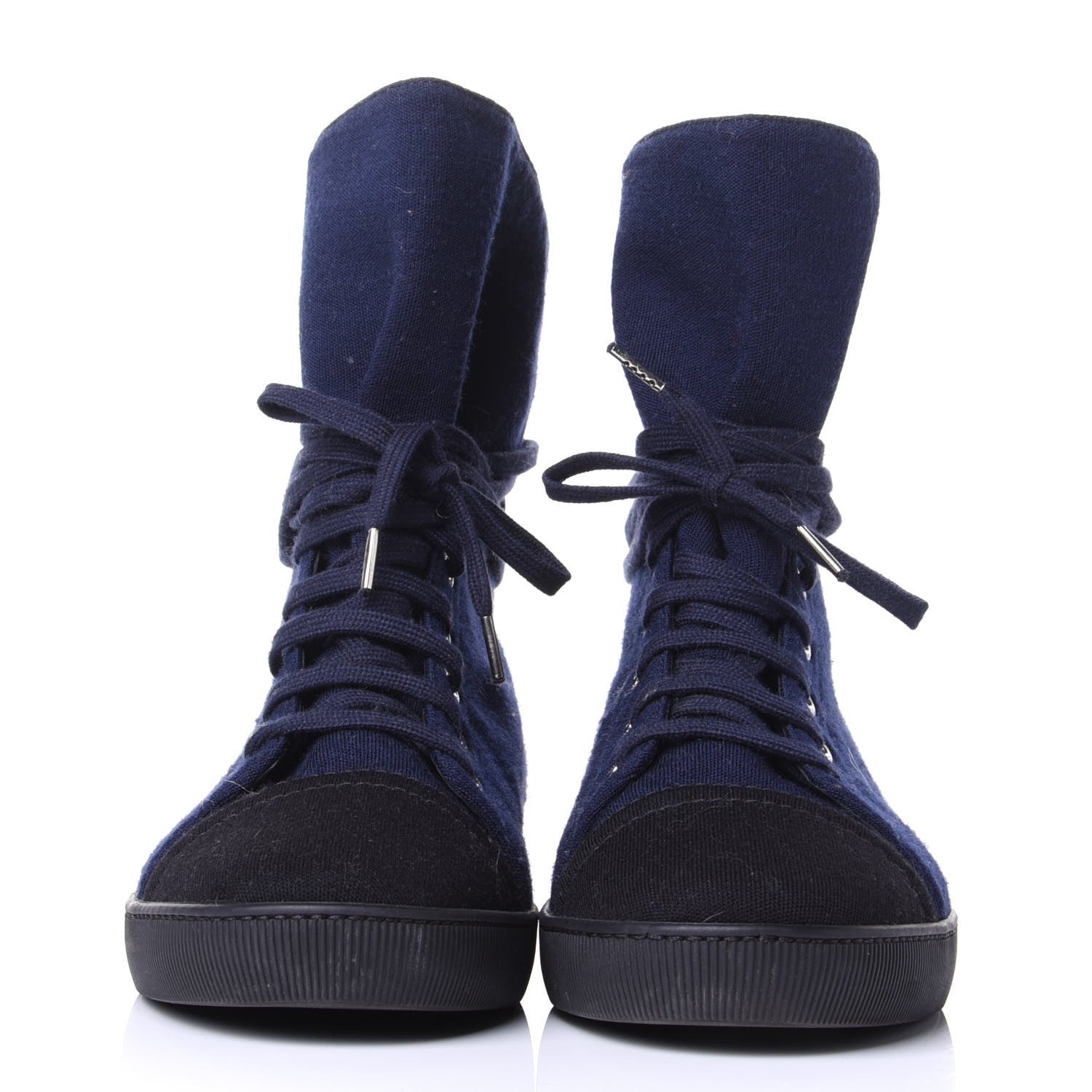 Chanel Jersey Lace Up High Top Sneakers 38.5 Black Navy 2 of 10