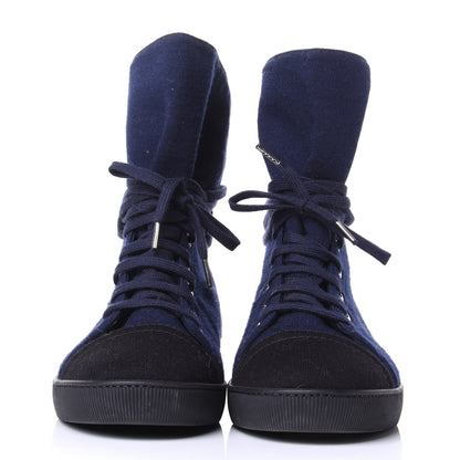 Chanel Jersey Lace Up High Top Sneakers 38.5 Black Navy 2 of 10