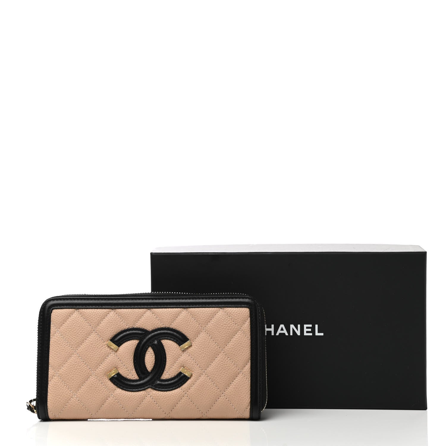 Chanel Caviar Quilted Filigree Zip Around Wallet Beige Black 9 of 9