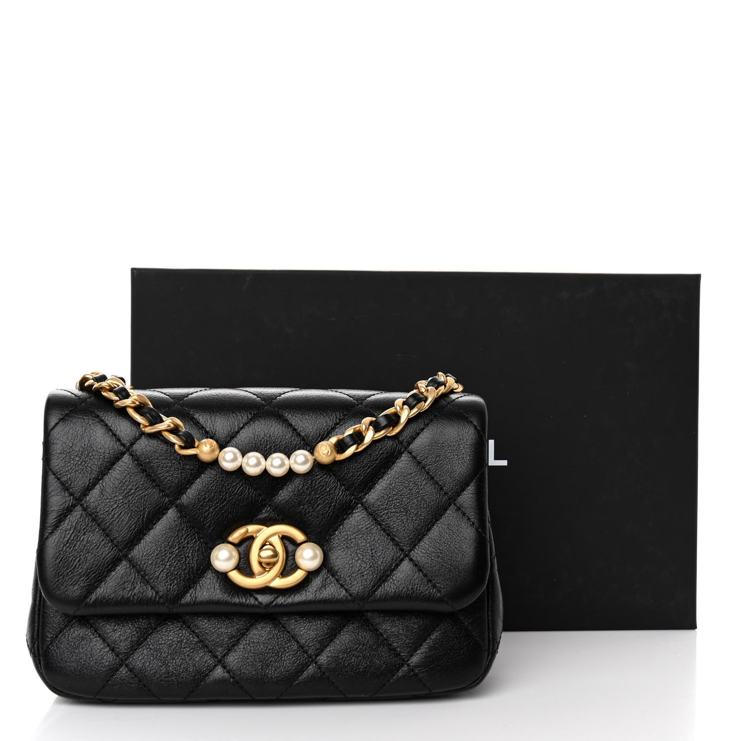 Glazed Calfskin Quilted Mini Pearl Side Flap Black