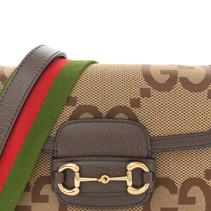Gucci Monogram Jumbo GG Textured Dollar Calfskin Web Mini Horsebit 1955 Shoulder Bag Camel Ebony New Acero 8 of 12