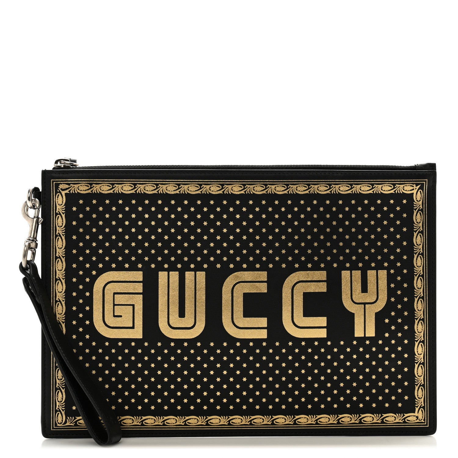 Gucci X SEGA Calfskin GUCCY Stars Zip Wristlet Pouch Black Gold 1 of 12