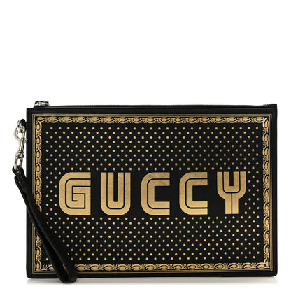 Gucci X SEGA Calfskin GUCCY Stars Zip Wristlet Pouch Black Gold 1 of 12