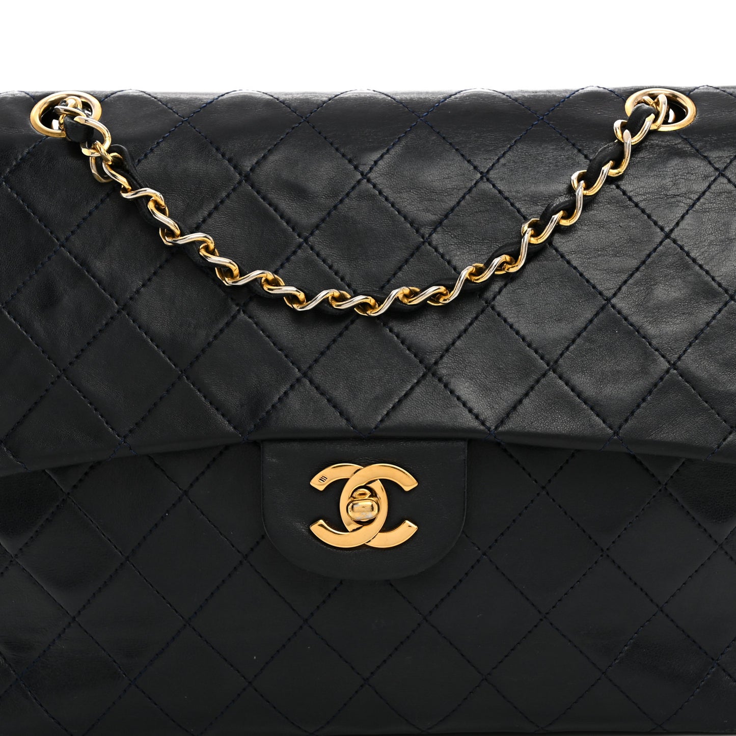 Lambskin Quilted Medium Double Flap Navy