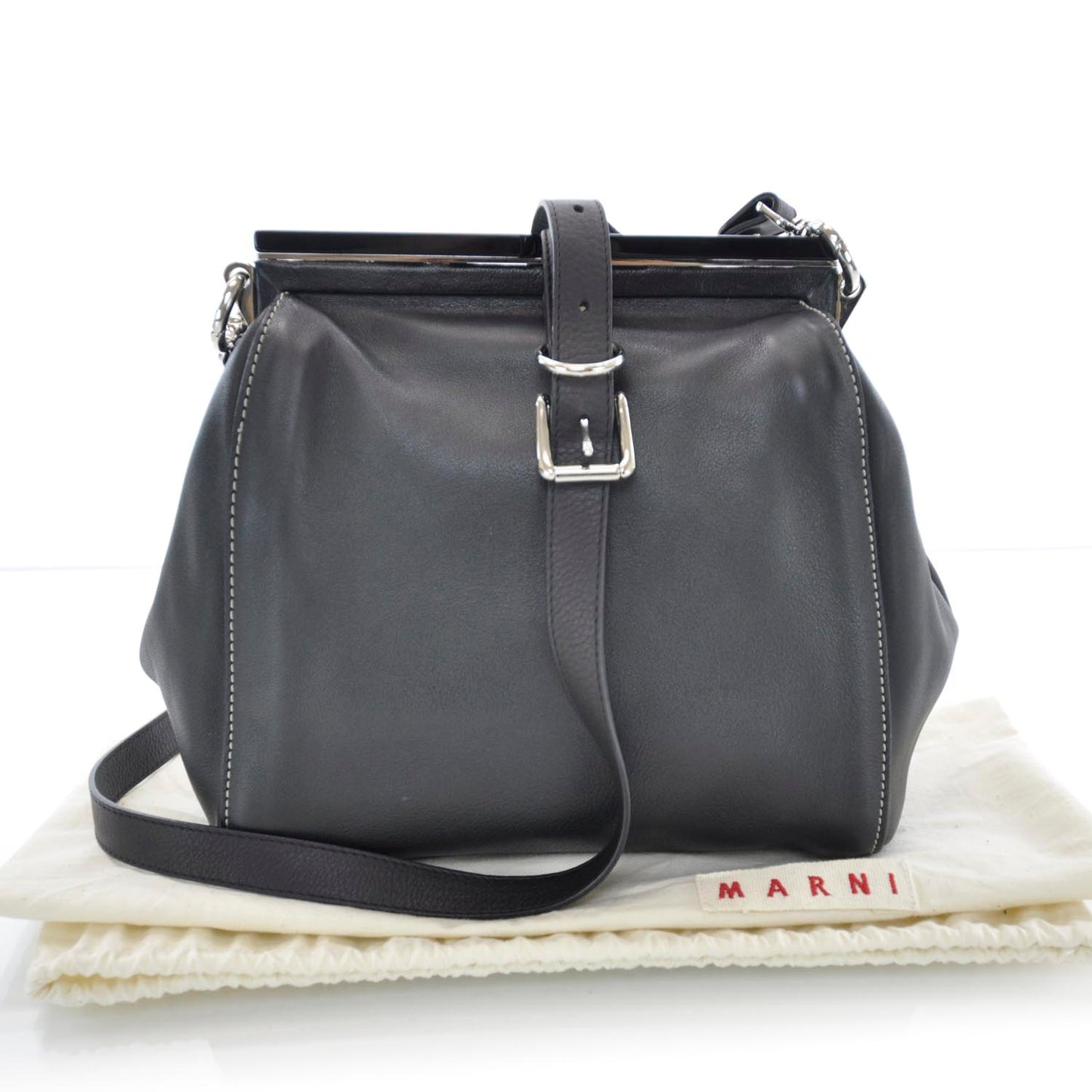 MARNILeatherFrameShoulderBagBlack