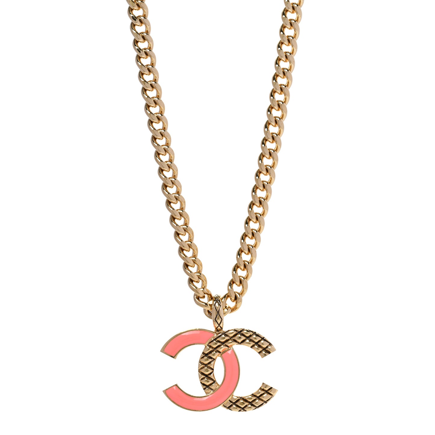 Metal Enamel Quilted CC Chain Necklace Pendant Gold Pink