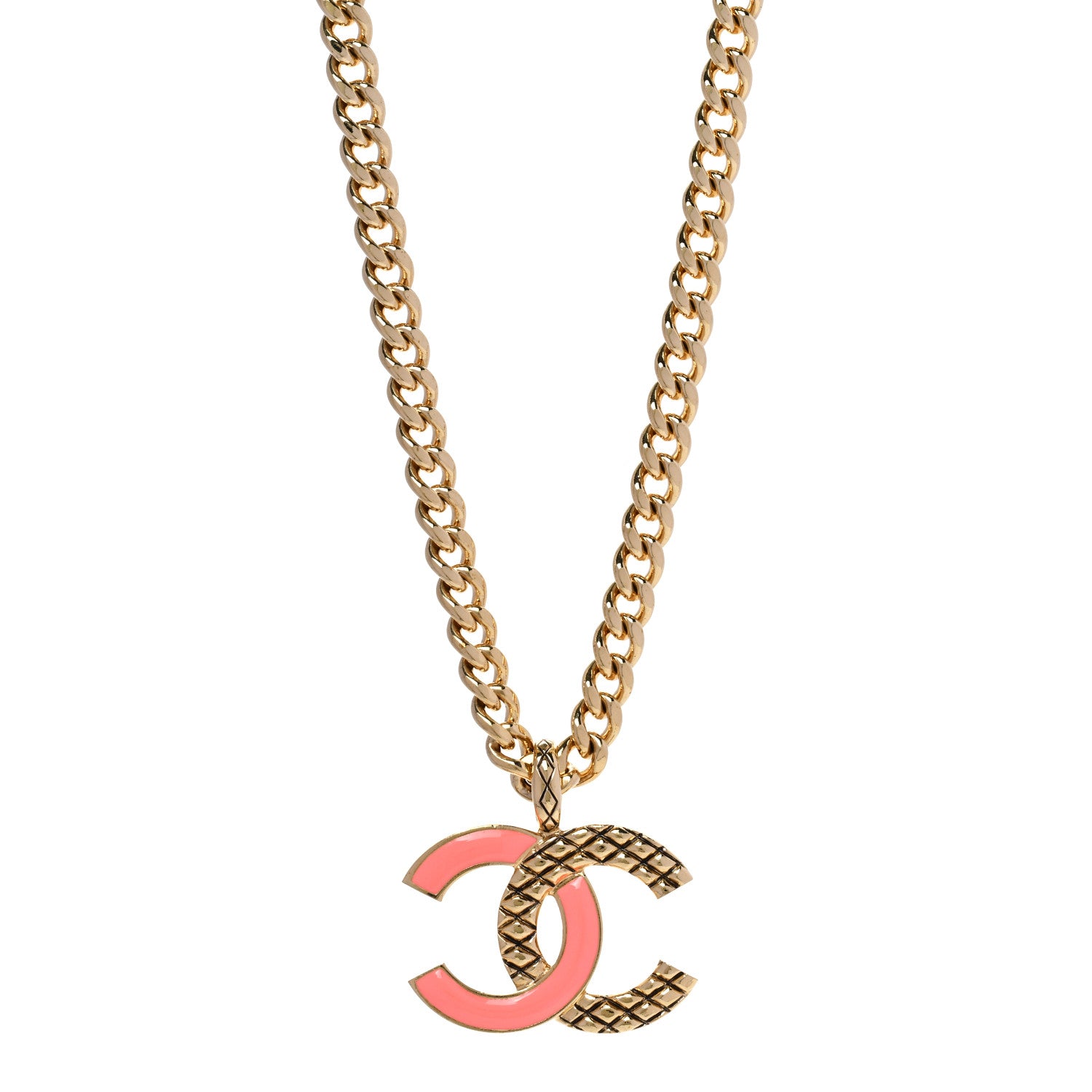 Chanel Metal Enamel Quilted CC Chain Necklace Pendant Gold Pink 1 of 6