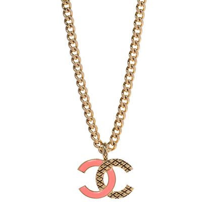 Chanel Metal Enamel Quilted CC Chain Necklace Pendant Gold Pink 1 of 6