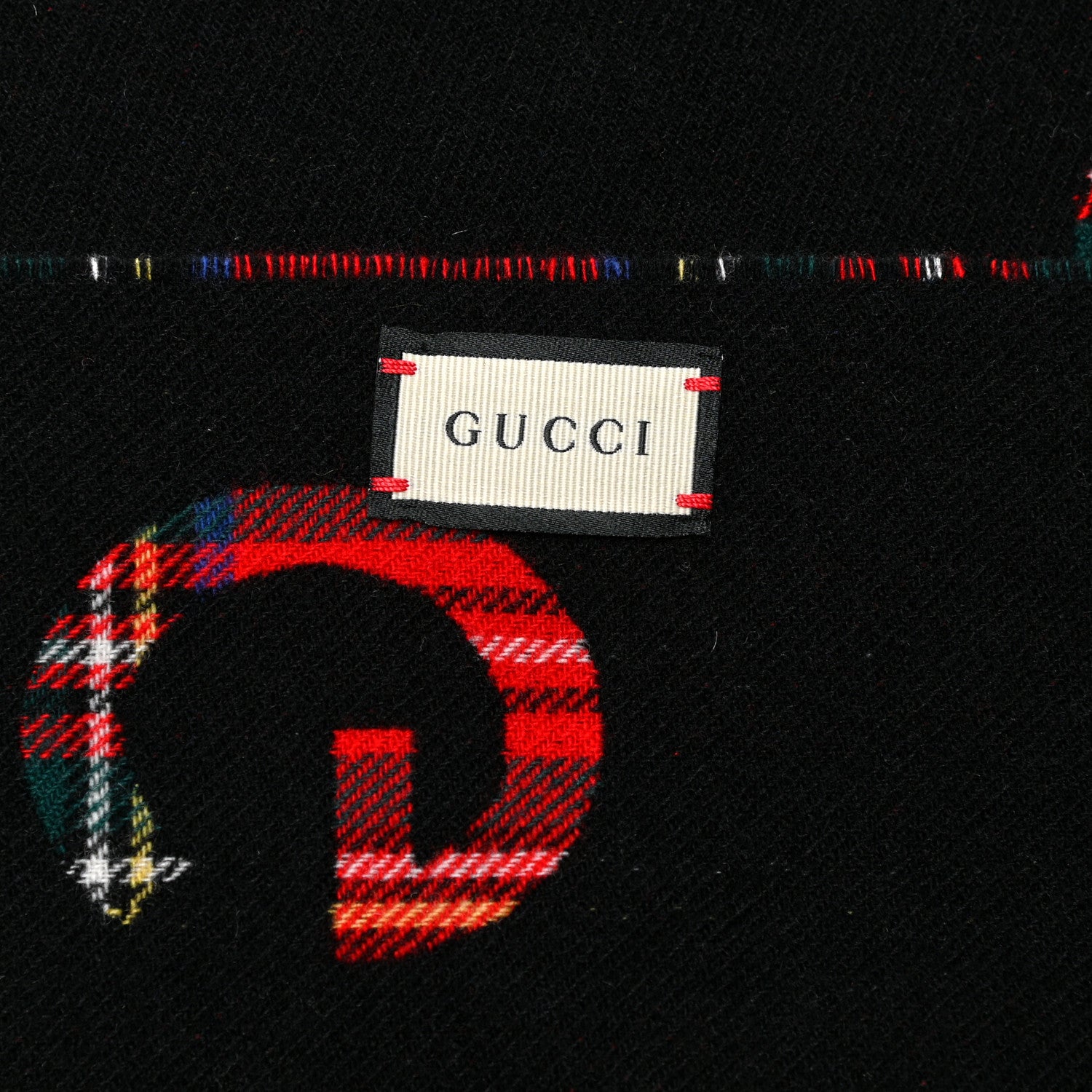 Gucci Cashmere Wool Logo Reversible Tartan Fringe Scarf Red Black 4 of 5