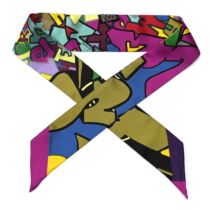 Hermes Silk Graff Graffiti Twilly Fuchsia Kaki Jaune 1 of 7
