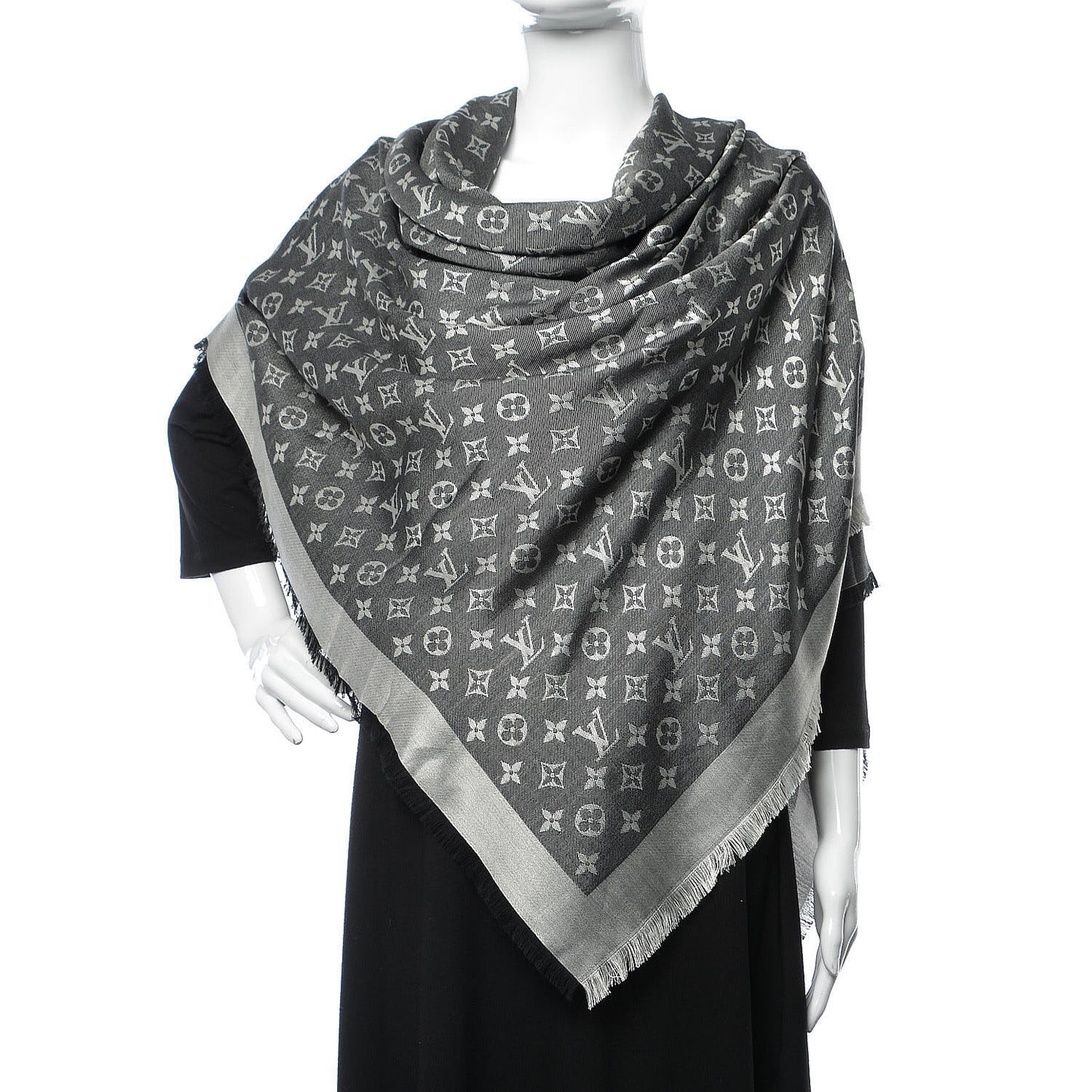 Wool Silk Monogram Denim Shawl Black