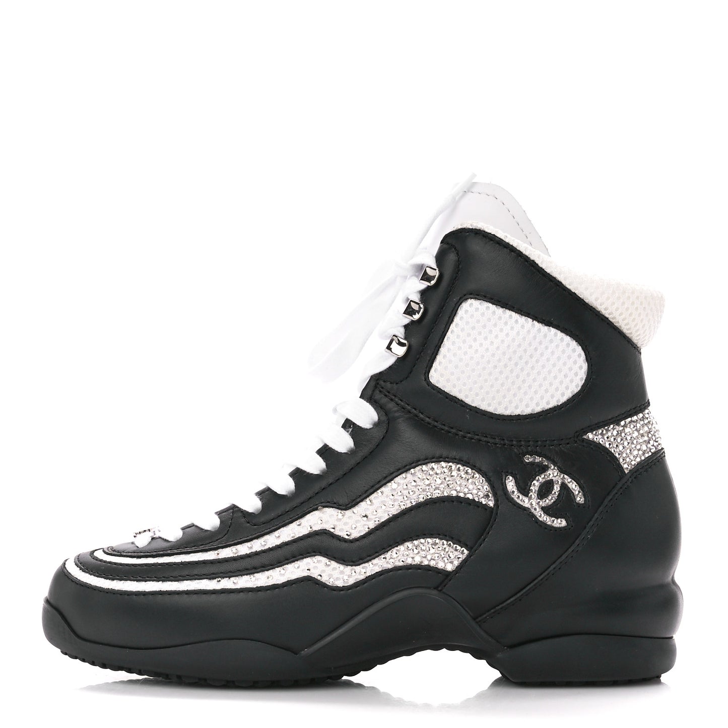Fabric Calfskin Strass Womens CC Sneakers 38 Black White Silver