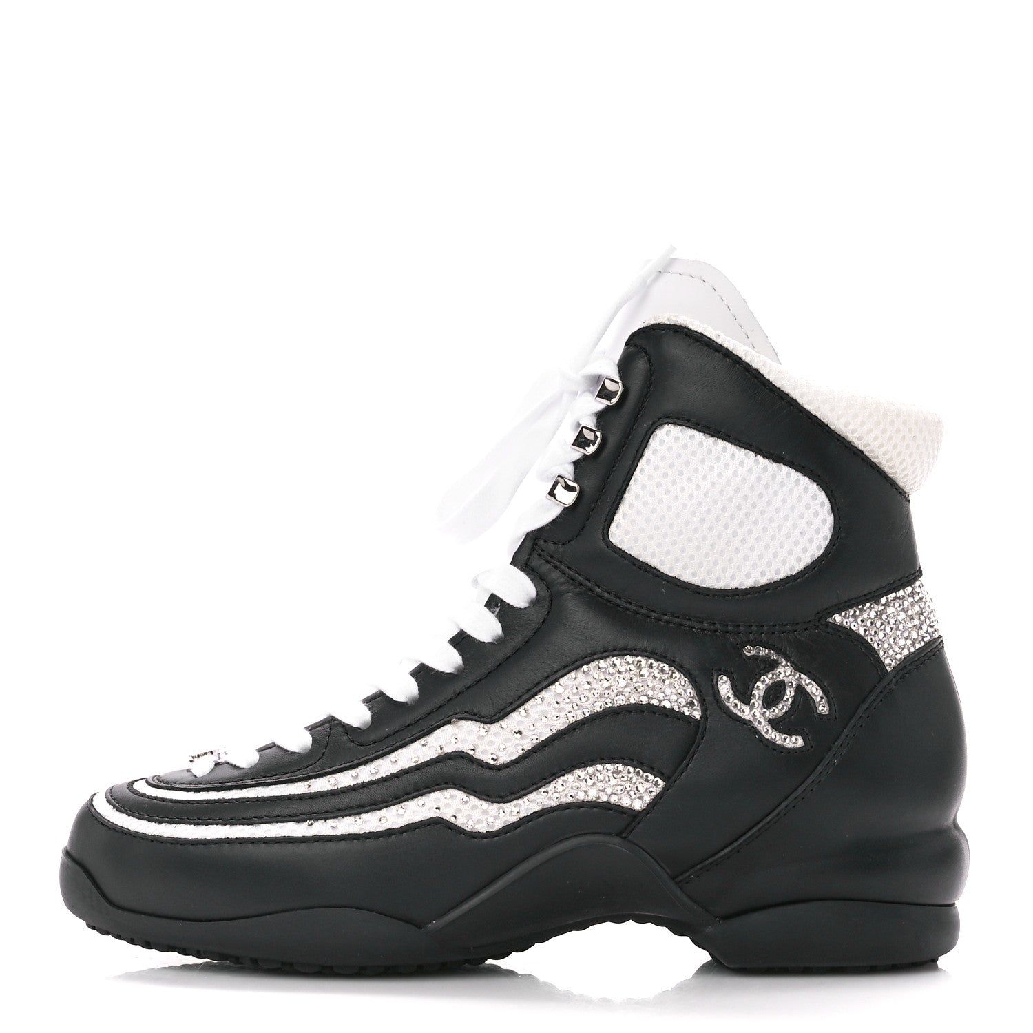 Chanel Fabric Calfskin Strass Womens CC Sneakers 38 Black White Silver 1 of 8