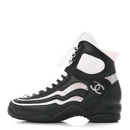 Chanel Fabric Calfskin Strass Womens CC Sneakers 38 Black White Silver 1 of 8