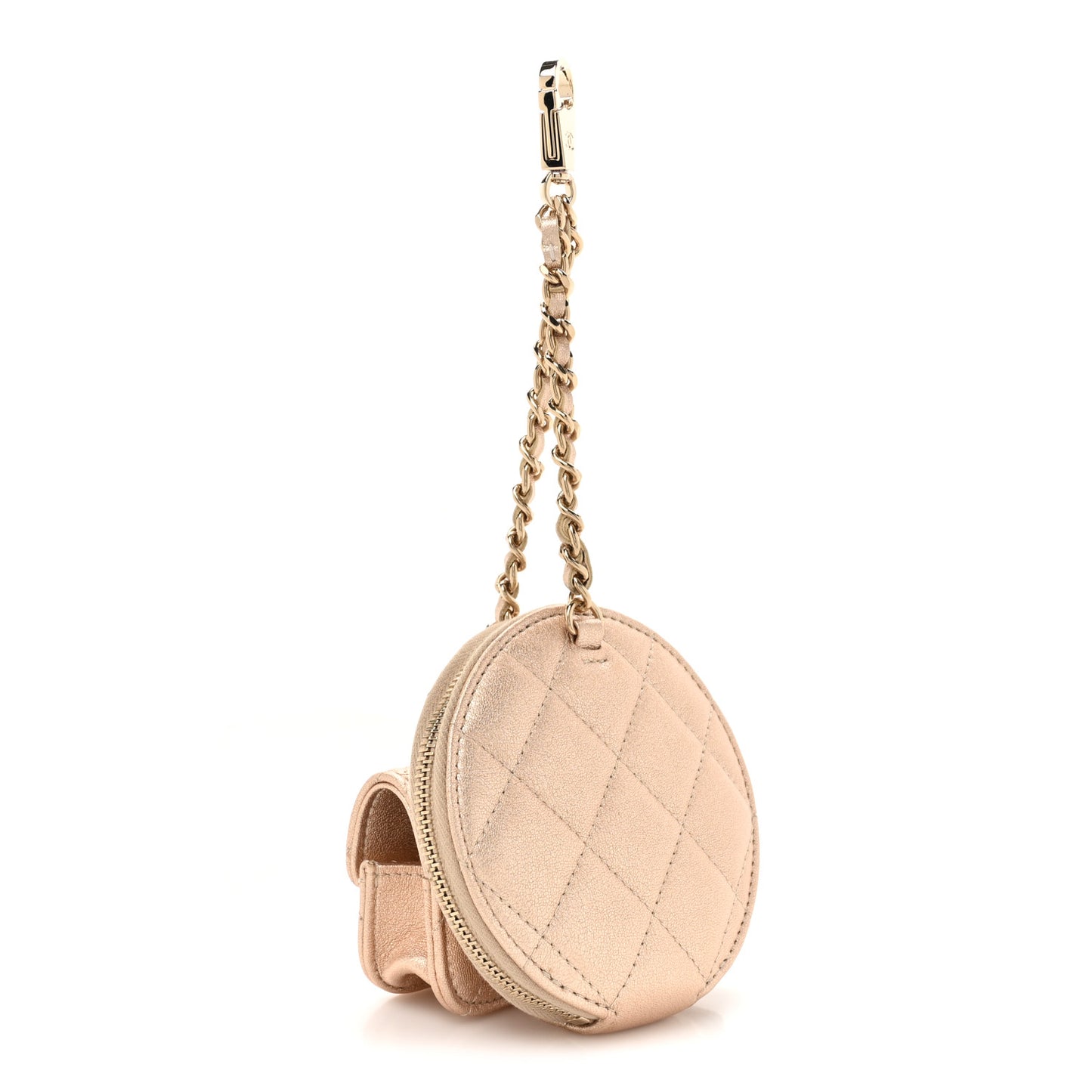 Metallic Lambskin Quilted Round Clip On Coin Purse Airpods Case Gold