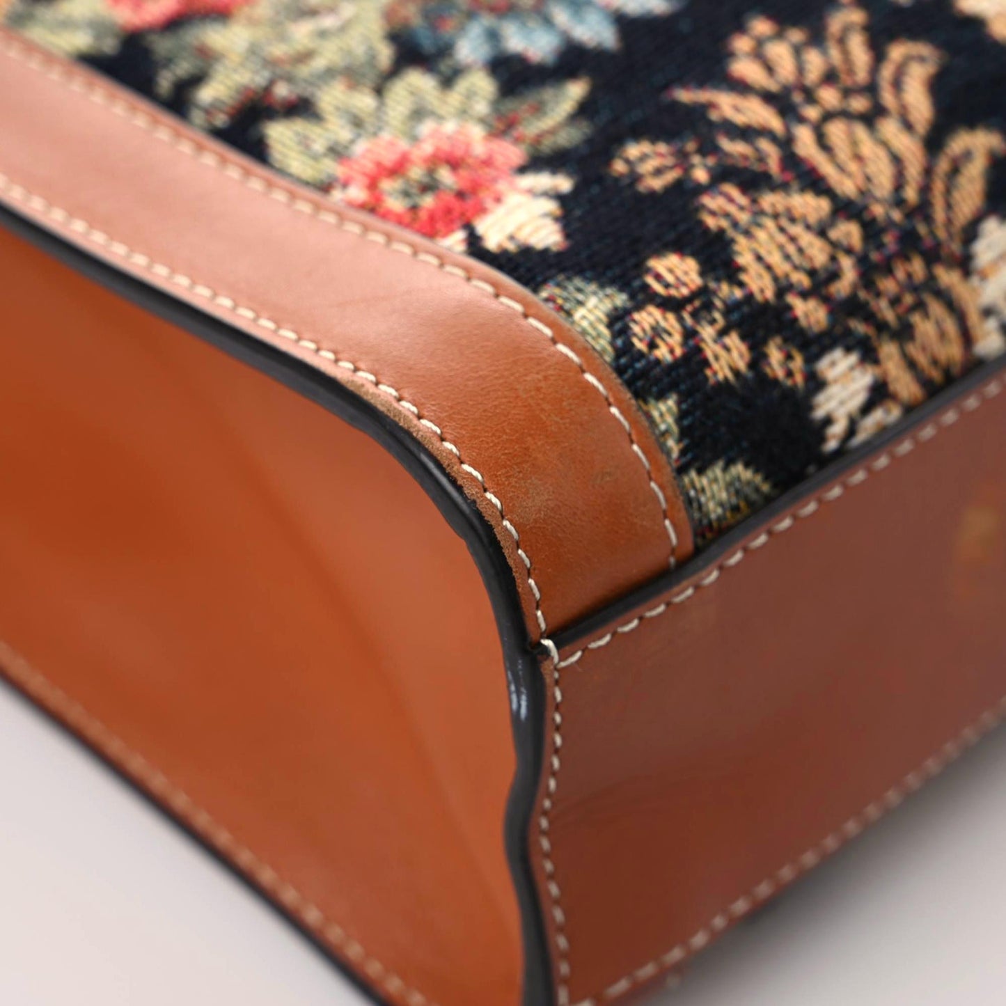 Canvas Calfskin Jacquard Floral Small Vertical Cabas Black Tan