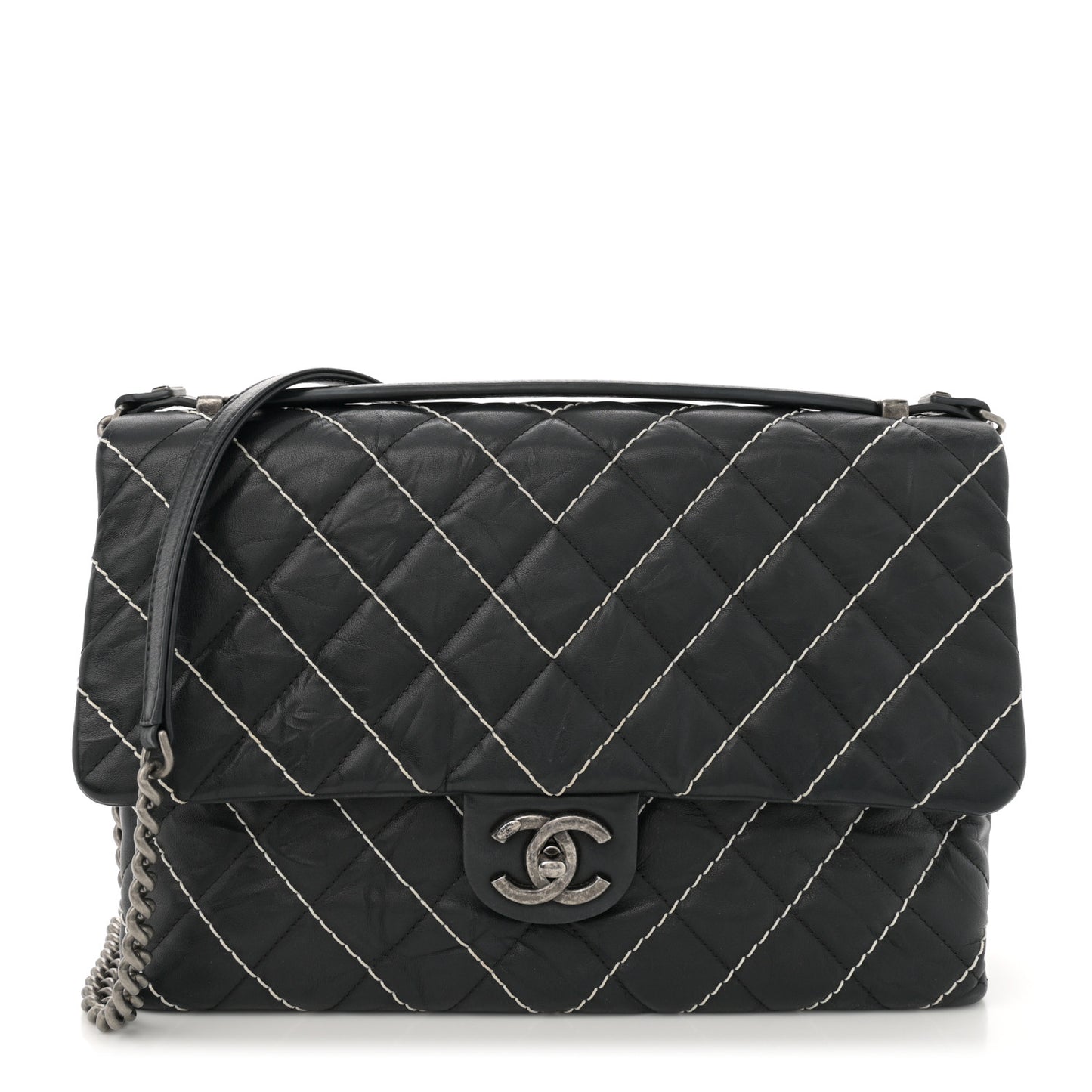 Aged Calfskin Chevron Stitched Quilted Flap Black