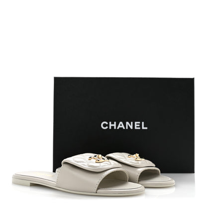 Chanel Lambskin Quilted Turnlock Flat Mules 38.5 Light Gray 10 of 10