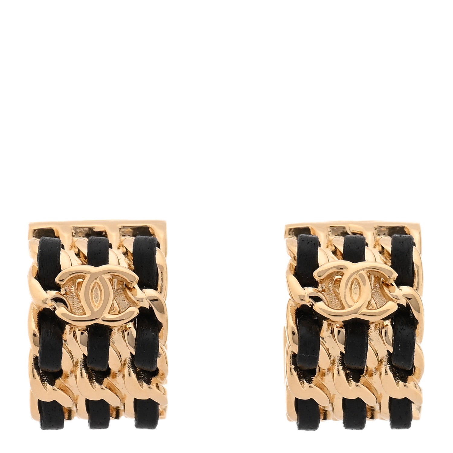 Chanel Lambskin CC Triple Chain Hoop Earrings Gold Black 1 of 5