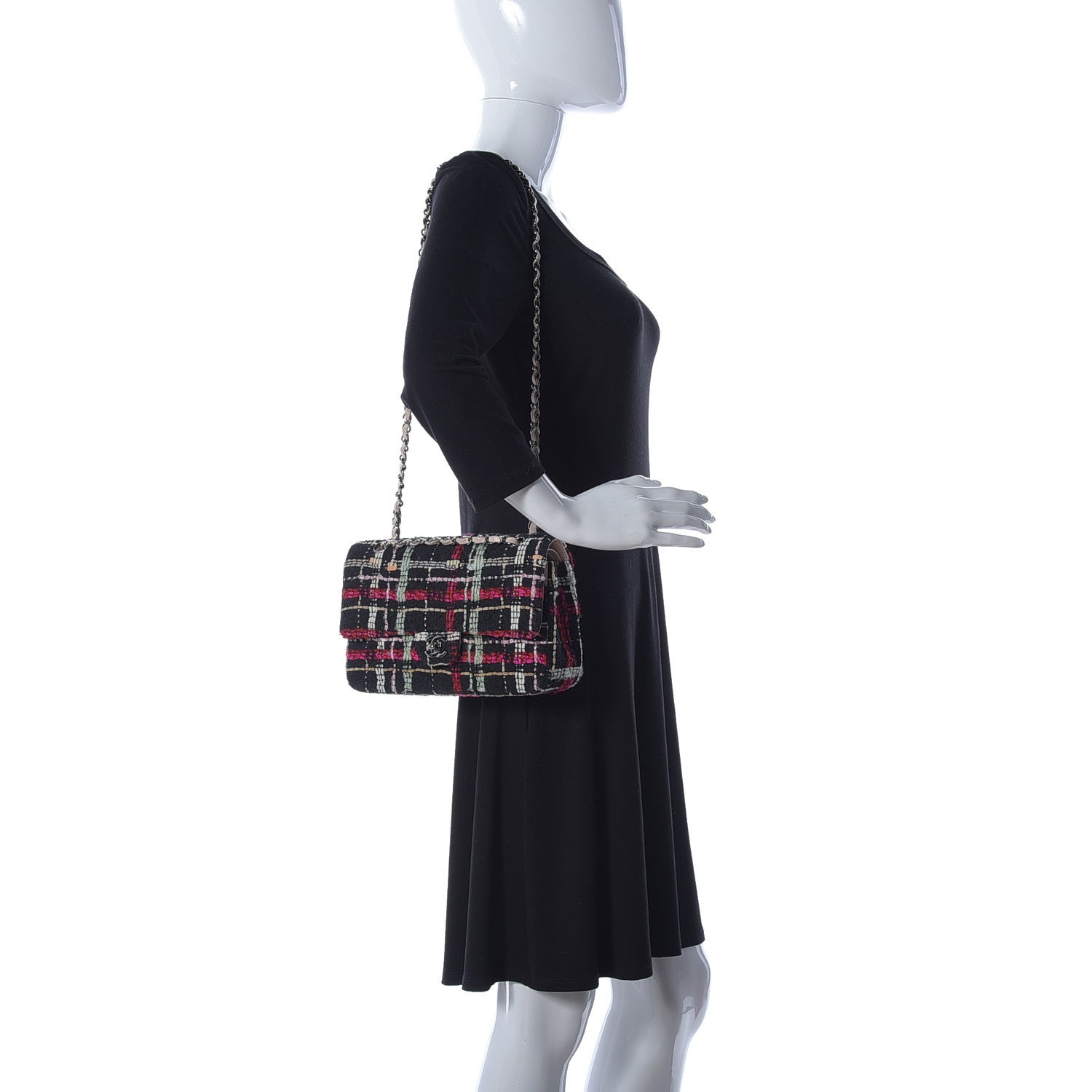 Chanel Tweed Medium Double Flap Black Pink 2 of 9