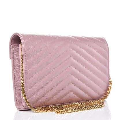 Saint Laurent Grain De Poudre Matelasse Chevron Monogram Chain Wallet Tender Pink 3 of 8