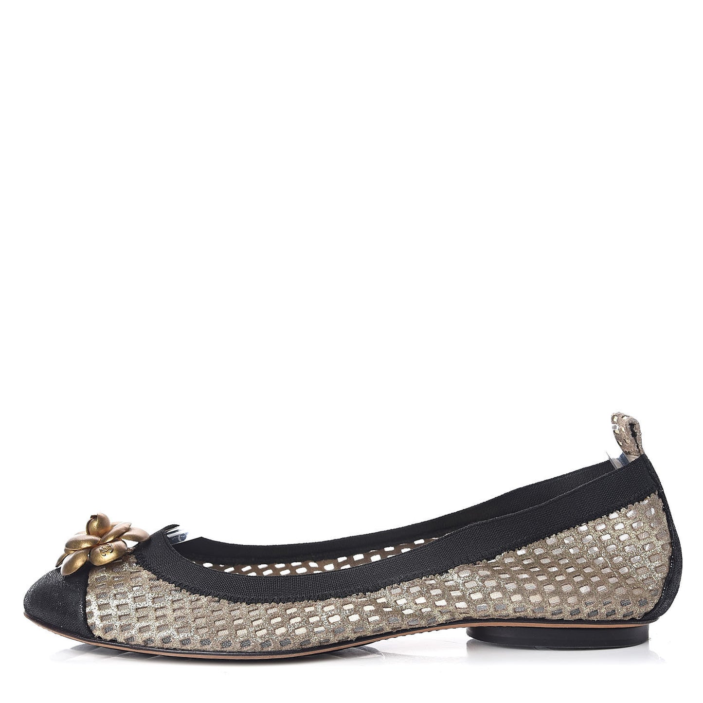 Perforated Elastic Camellia Ballerina Flats 40 Gold Black