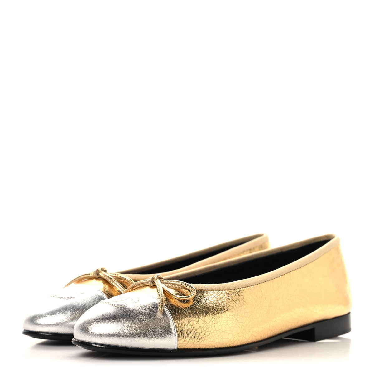 Metallic Crackled Laminated Calfskin CC Cap Toe Ballerina Flats 37.5 Gold Silver