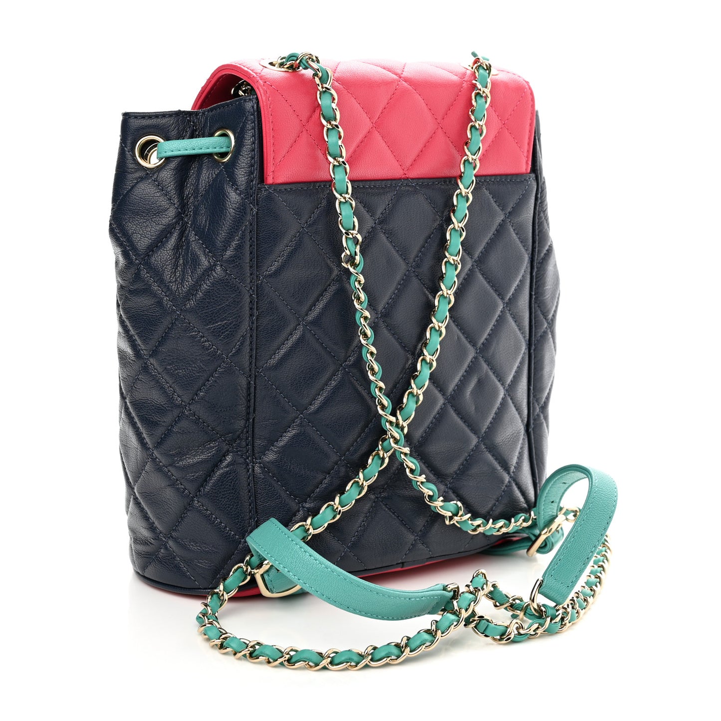 Goatskin Quilted Duma Drawstring Backpack Navy Turquoise Pink
