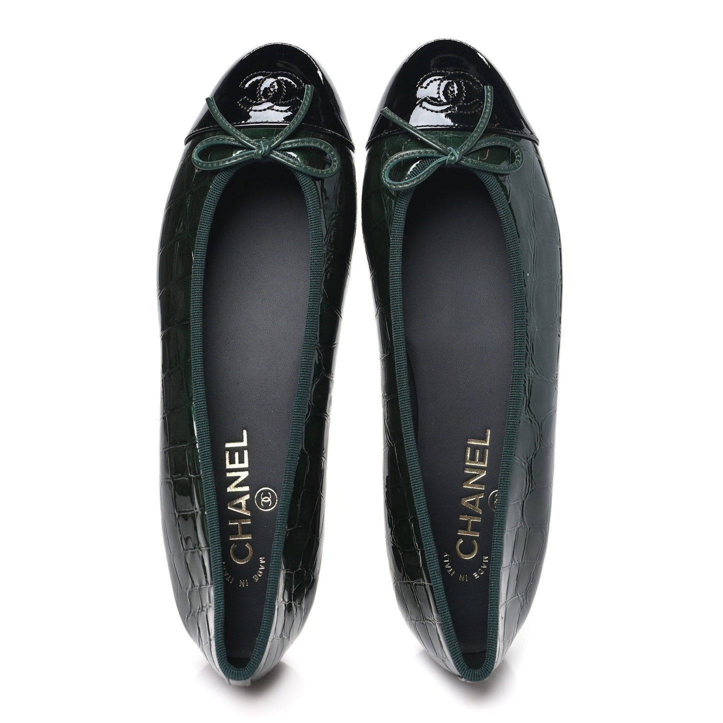 Patent Calfskin Crocodile Embossed Ballerina Flats 41 Dark Green Black 40 Dark Green Black