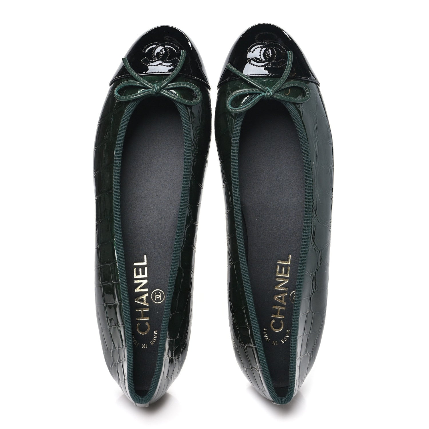 Chanel Patent Calfskin Crocodile Embossed Ballerina Flats 41 Dark Green Black 40 Dark Green Black 2 of 10