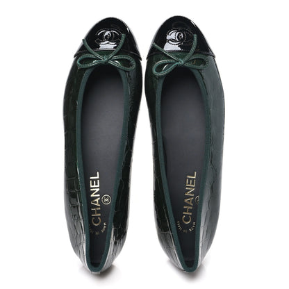 Chanel Patent Calfskin Crocodile Embossed Ballerina Flats 41 Dark Green Black 40 Dark Green Black 2 of 10