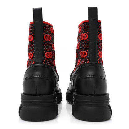 Gucci Quebec Calfskin Technical Jersey Knit GG Monogram Mens Horsebit Ankle Boots 9 Black Light Hibiscus Red 4 of 12