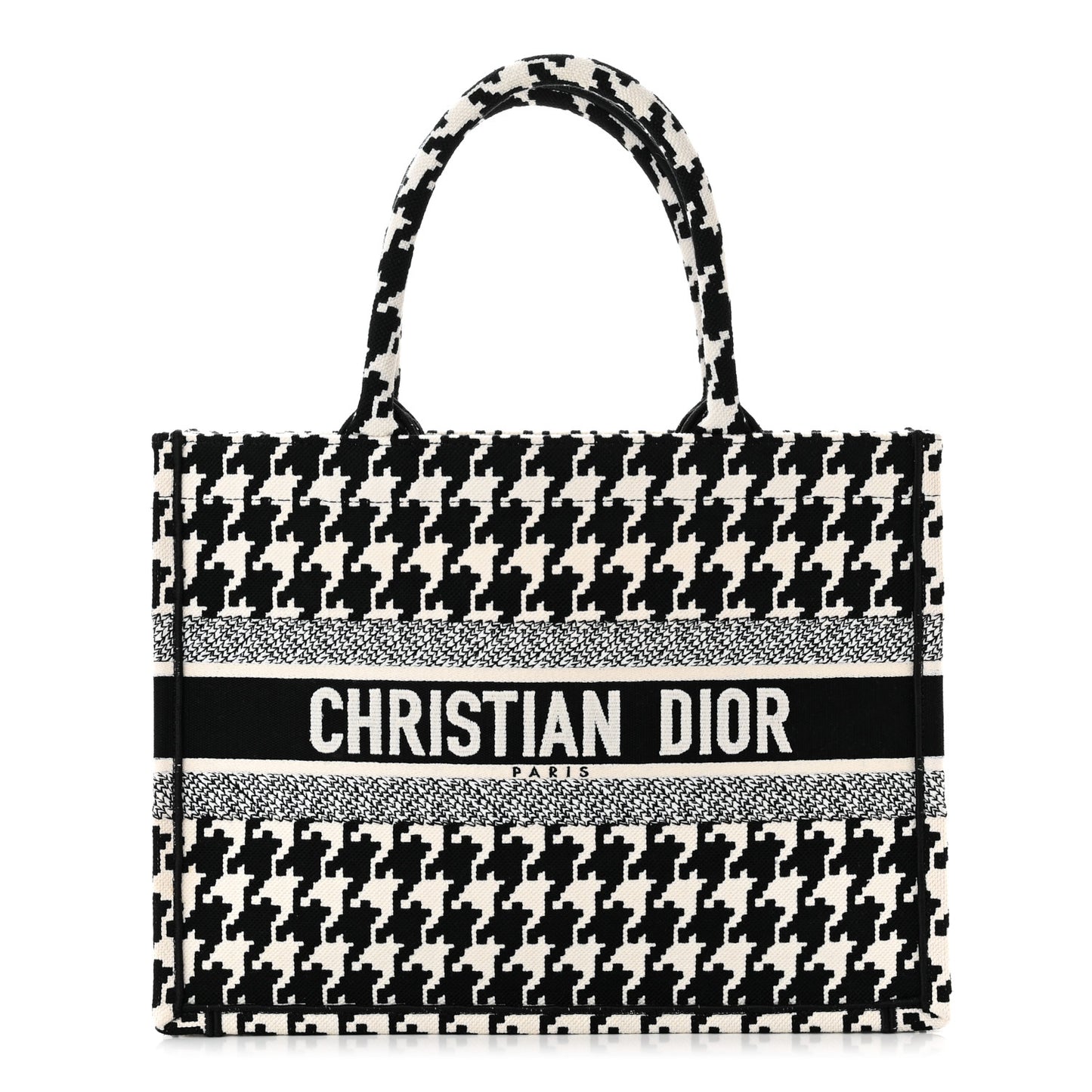 Canvas Macro Houndstooth Embroidered Medium Book Tote Black White