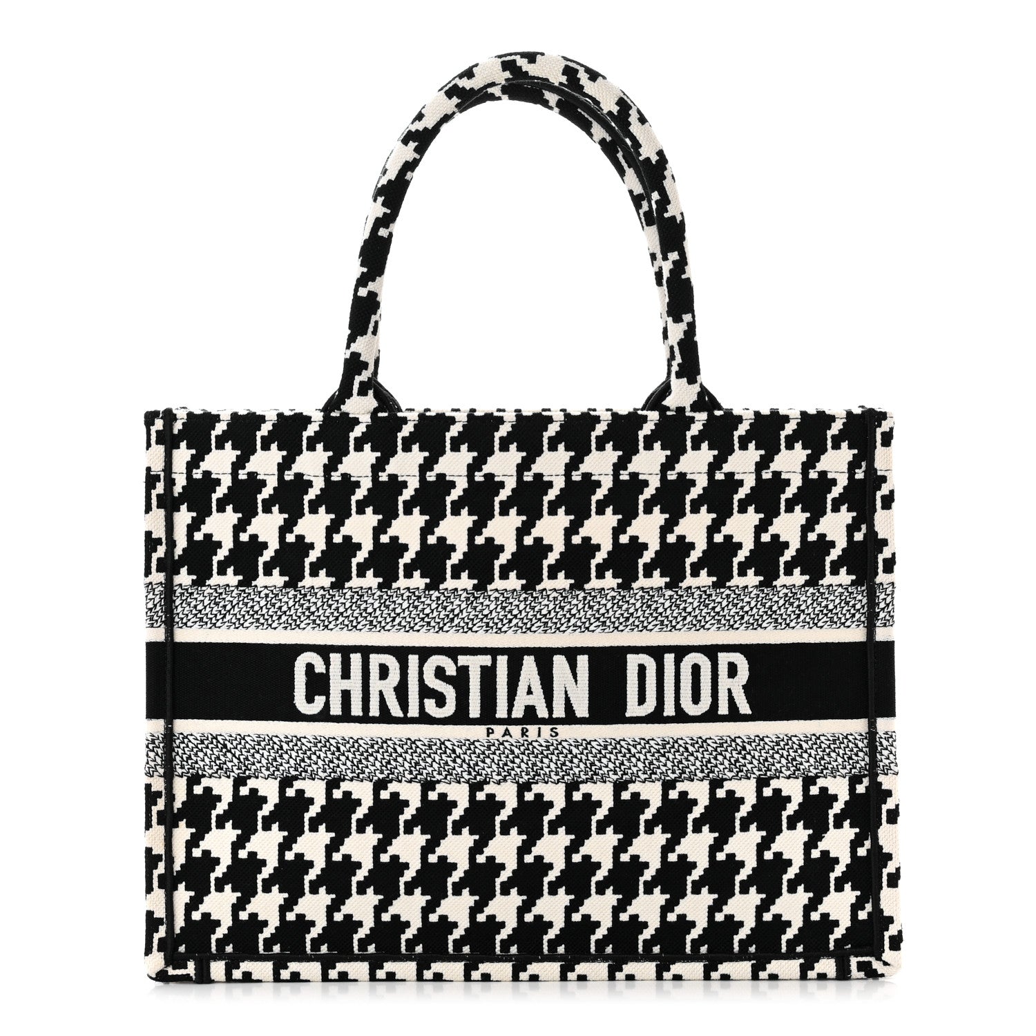 Christian Dior Canvas Macro Houndstooth Embroidered Medium Book Tote Black White 1 of 10