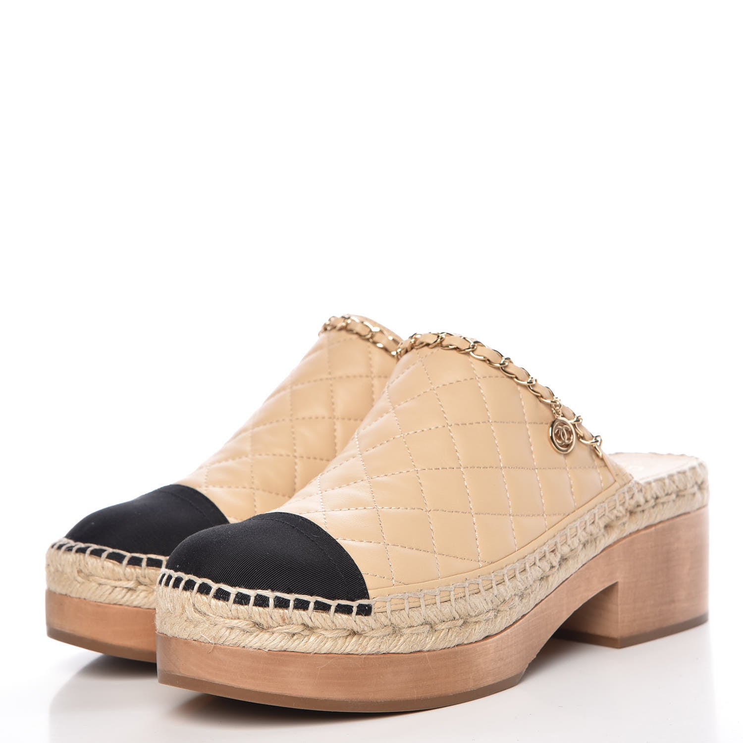 Chanel Lambskin Grosgrain Quilted CC Chain Espadrille Mules 41 Beige Black 3 of 8