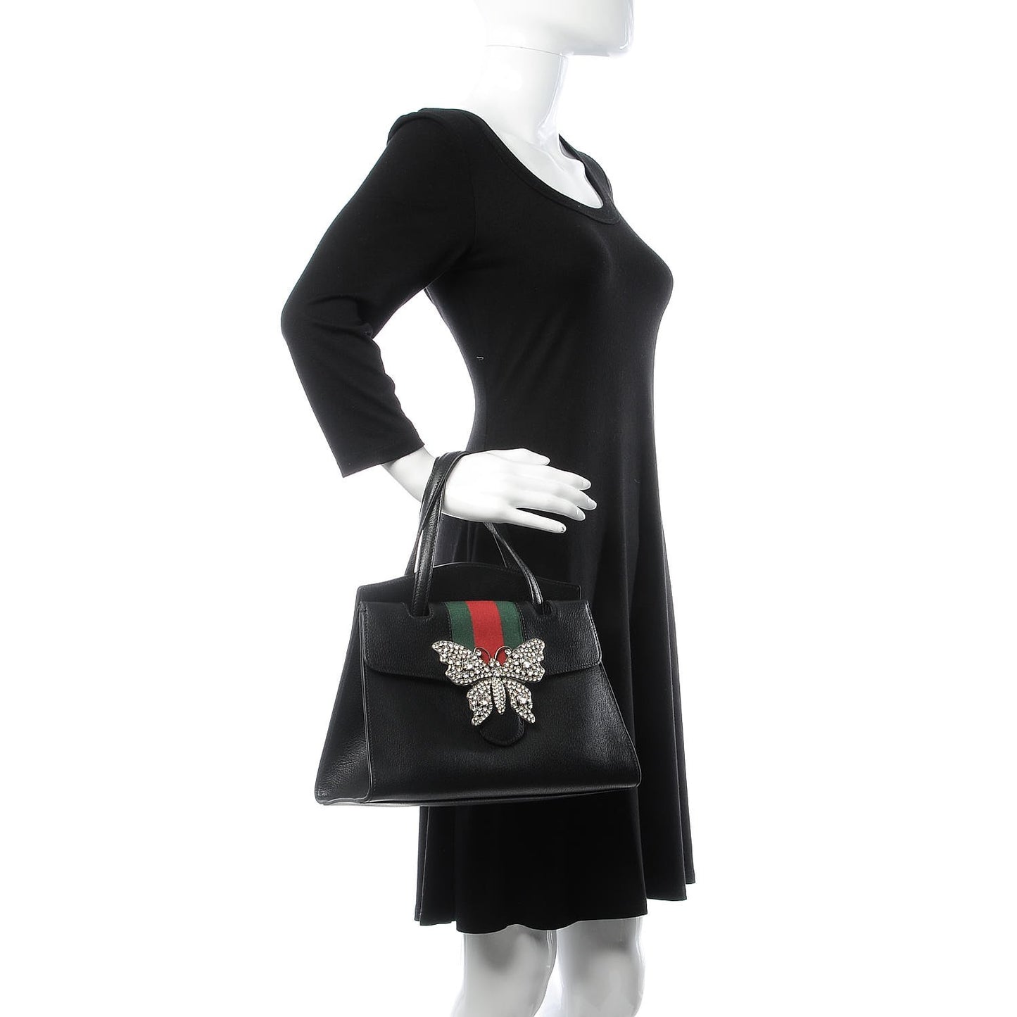 Grained Calfskin Web Crystal Butterfly Stripe Medium Totem Top Handle Bag Black
