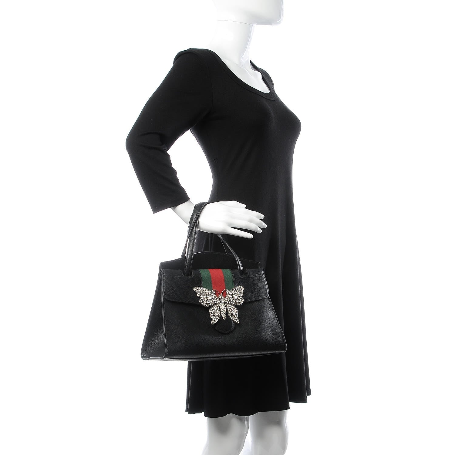 Gucci Grained Calfskin Web Crystal Butterfly Stripe Medium Totem Top Handle Bag Black 2 of 9